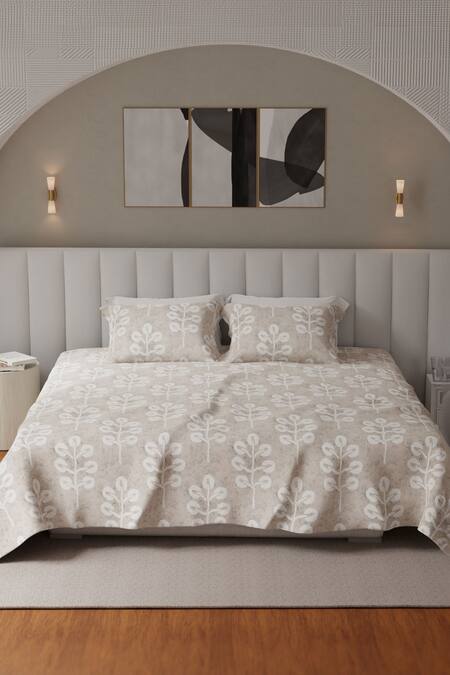 Shop Houmn Brown Cotton Leaf Purity Print Bedsheet Set at Aza Fashions Shop_Houmn_Brown Cotton Leaf Purity Print Bedsheet Set_at_Aza_Fashions