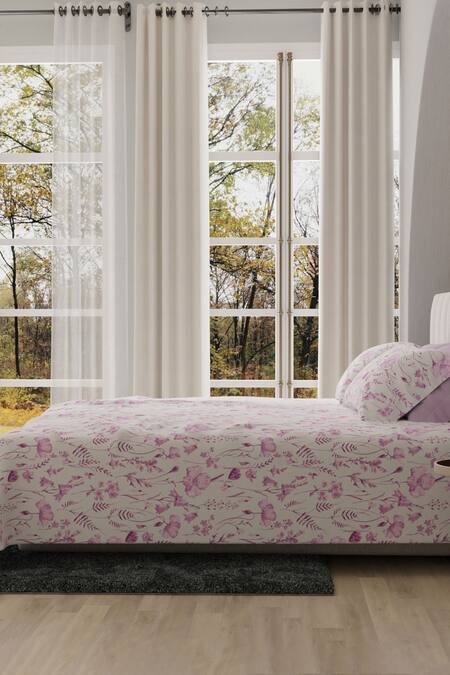 Buy_Houmn_White Cotton Floral Luminous Pattern Bedsheet Set_Online_at_Aza_Fashions