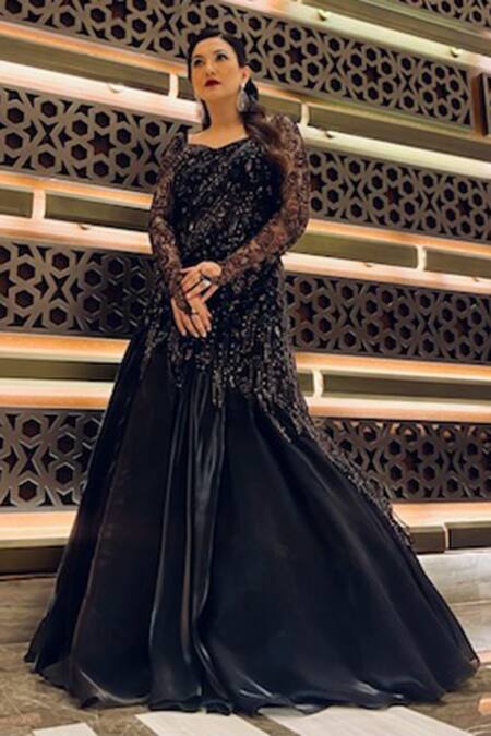 Shop_Roqa_Black Net, Satin Sequins Sweetheart Neck Sheer Sleeved Mermaid Gown _Online_at_Aza_Fashions