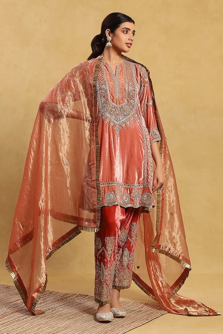 Akriti by Ritika Orange Velvet Embroidery Zari Thread Notched Jalsa Kurta Set 