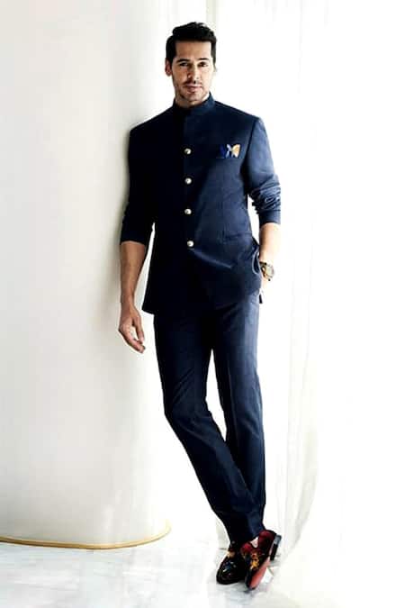 Shop Rohit Gandhi + Rahul Khanna Blue Tulle Button Down Bandhgala at Aza Fashions Shop_Rohit Gandhi + Rahul Khanna_Blue Tulle Button Down Bandhgala _at_Aza_Fashions