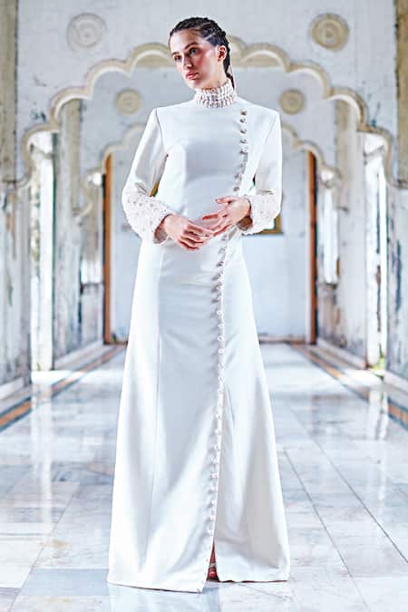 Shop Mala And Kinnary Ivory Crepe Pearls High Neck Embellished Gown Online at Aza Fashions Shop_Mala And Kinnary_Ivory Crepe Pearls High Neck Embellished Gown_Online_at_Aza_Fashions