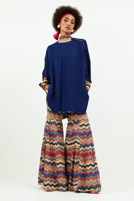 Buy_Aseem Kapoor_Blue Crepe, Cotton Beads Bandeau Neck Embellished Sapphire Kaftan And Sharara Set 