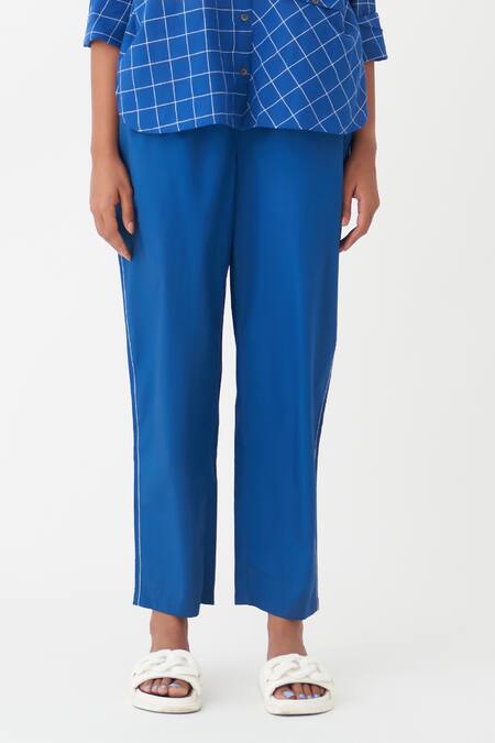 Buy Three Blue Handloom , Round Neck Checkered Pattern Shirt And Pant Set Buy_Three_Blue Handloom , Round Neck Checkered Pattern Shirt And Pant Set