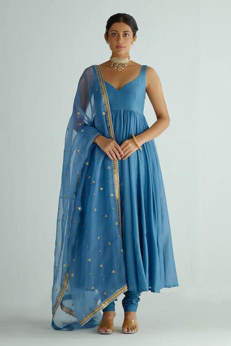 Shop_Priyal Prakash_Blue Chanderi, Cotton, Organza Embroidery, Zari, Anarkali Set With Dupatta _at_Aza_Fashions