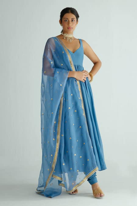 Buy_Priyal Prakash_Blue Chanderi, Cotton, Organza Embroidery, Zari, Anarkali Set With Dupatta 