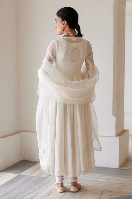 Label Nimbus_Ivory Anarkali  Georgette Hand Embroidered Salli Round Set _Online_at_Aza_Fashions