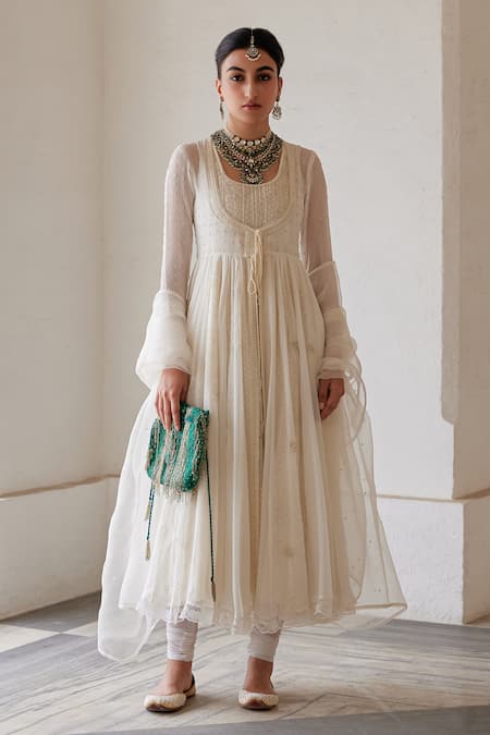 Label Nimbus_Ivory Anarkali  Georgette Hand Embroidered Salli Round Set _at_Aza_Fashions