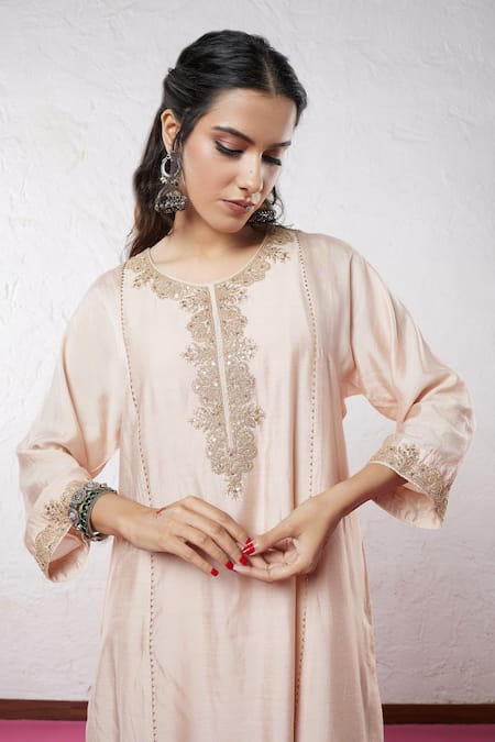 Shop_Pants And Pajamas_Beige Chanderi Sequins, Zari, Embroidery Round Neck Kurta And Pant Set _Online_at_Aza_Fashions