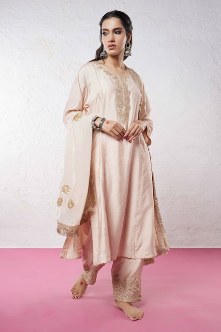 Pants and Pajamas Chanderi Embroidered Kurta Pant Set 