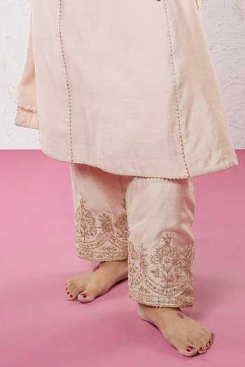 Pants And Pajamas_Beige Chanderi, Organza Embroidery, Sequins, Zari Round Neck Kurta Pant Set _Online_at_Aza_Fashions