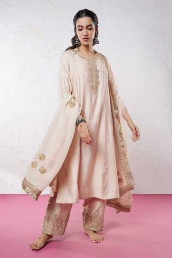 Buy_Pants And Pajamas_Beige Chanderi, Organza Embroidery, Sequins, Zari Round Neck Kurta Pant Set _Online_at_Aza_Fashions