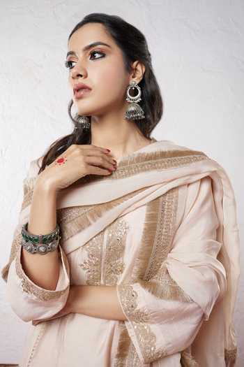 Shop_Pants And Pajamas_Beige Chanderi, Organza Embroidery, Sequins, Zari Round Neck Kurta Pant Set _Online_at_Aza_Fashions
