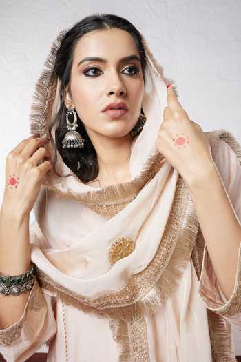 Pants And Pajamas_Beige Chanderi, Organza Embroidery, Sequins, Zari Round Neck Kurta Pant Set _at_Aza_Fashions