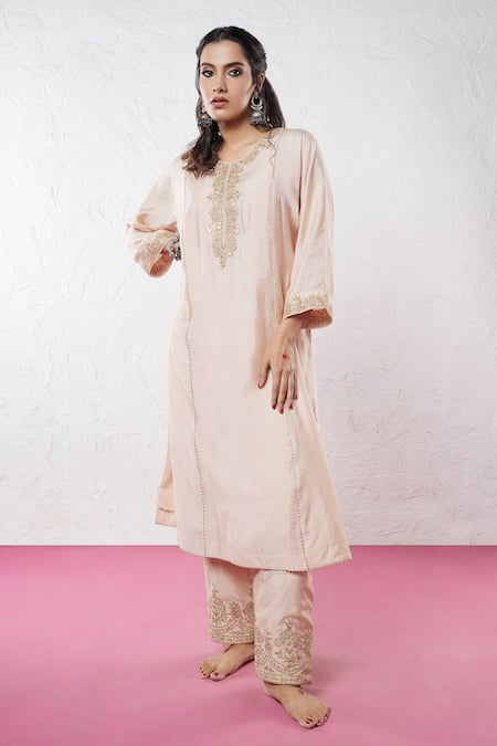 Pants And Pajamas_Beige Chanderi Sequins, Zari Round Neck Thread Embroidered Kurta _Online_at_Aza_Fashions