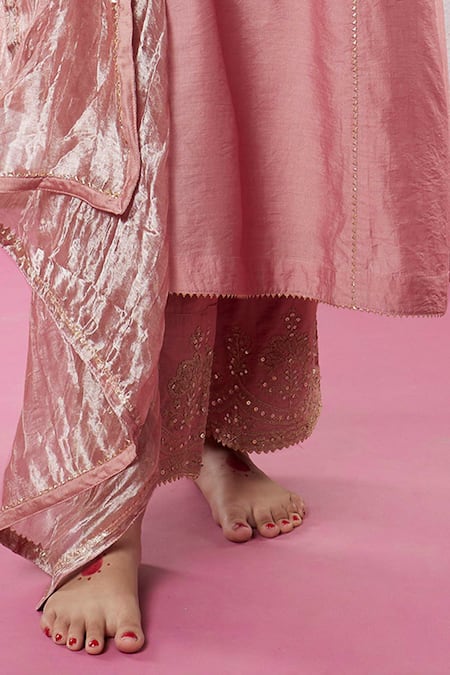 Pants And Pajamas_Pink Chanderi Sequins, Zari, Embroidery Round Neck Yoke Kurta And Pant Set _Online_at_Aza_Fashions