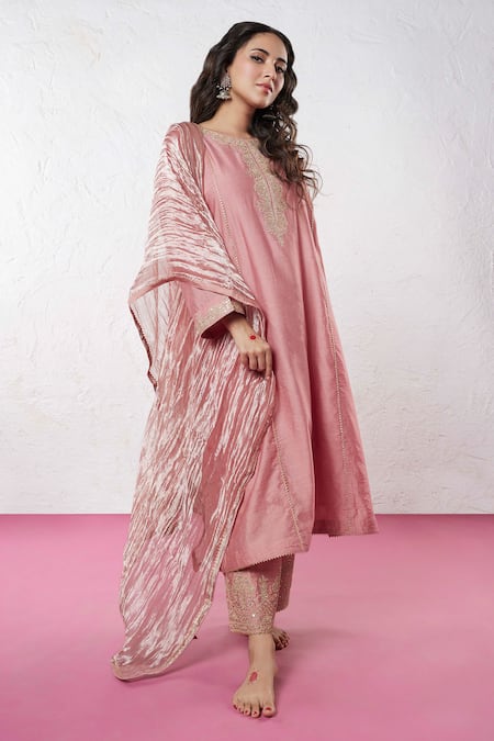 Buy_Pants And Pajamas_Pink Chanderi Sequins, Zari, Embroidery Round Neck Yoke Kurta And Pant Set _Online_at_Aza_Fashions