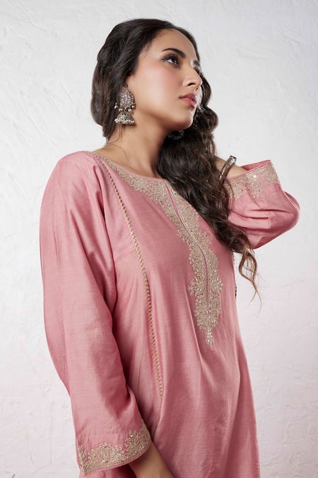 Shop_Pants And Pajamas_Pink Chanderi Sequins, Zari, Embroidery Round Neck Yoke Kurta And Pant Set _Online_at_Aza_Fashions