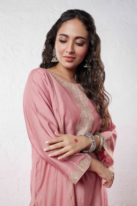 Pants And Pajamas_Pink Chanderi Sequins, Zari, Embroidery Round Neck Yoke Kurta And Pant Set _at_Aza_Fashions