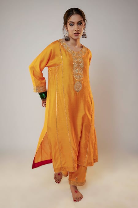 Pants and Pajamas Yellow Chanderi Embroidery Zari Thread Notched Sequin Work Kurta And Pant Set 