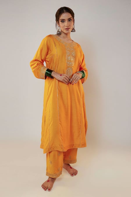 Buy_Pants And Pajamas_Yellow Chanderi Sequins, Zari, Embroidery Split V-neck Work Kurta And Pant Set _Online_at_Aza_Fashions