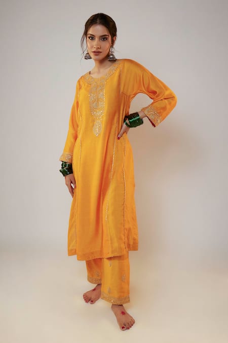 Shop_Pants And Pajamas_Yellow Chanderi Sequins, Zari, Embroidery Split V-neck Work Kurta And Pant Set _Online_at_Aza_Fashions
