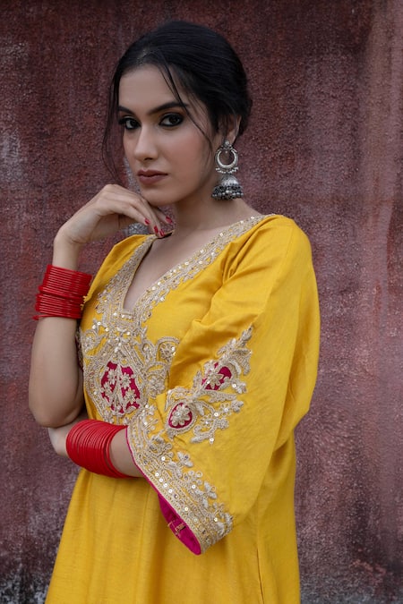Pants And Pajamas Yellow Chanderi Sequins, Zari, Embroidery V-neck Neckline Kurta And Pant Set Online at Aza Fashions Pants And Pajamas_Yellow Chanderi Sequins, Zari, Embroidery V-neck Neckline Kurta And Pant Set _Online_at_Aza_Fashions