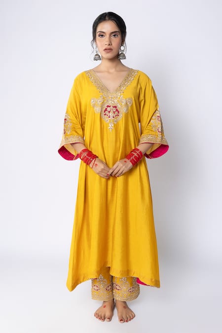 Buy Pants And Pajamas Yellow Chanderi Sequins, Zari, Embroidery V-neck Neckline Kurta And Pant Set Online at Aza Fashions Buy_Pants And Pajamas_Yellow Chanderi Sequins, Zari, Embroidery V-neck Neckline Kurta And Pant Set _Online_at_Aza_Fashions
