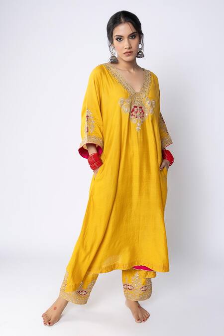 Shop Pants And Pajamas Yellow Chanderi Sequins, Zari, Embroidery V-neck Neckline Kurta And Pant Set Online at Aza Fashions Shop_Pants And Pajamas_Yellow Chanderi Sequins, Zari, Embroidery V-neck Neckline Kurta And Pant Set _Online_at_Aza_Fashions