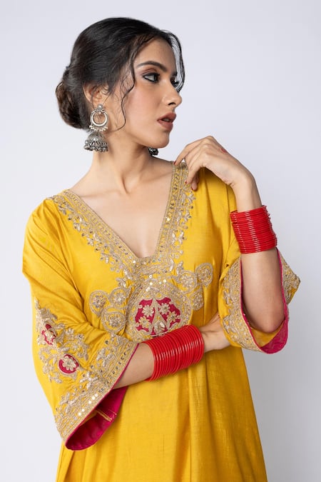Pants And Pajamas Yellow Chanderi Sequins, Zari, Embroidery V-neck Neckline Kurta And Pant Set at Aza Fashions Pants And Pajamas_Yellow Chanderi Sequins, Zari, Embroidery V-neck Neckline Kurta And Pant Set _at_Aza_Fashions