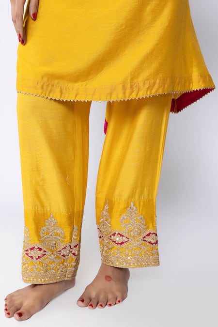Buy Pants And Pajamas Yellow Chanderi Sequins, Zari, Embroidery V-neck Neckline Kurta And Pant Set Buy_Pants And Pajamas_Yellow Chanderi Sequins, Zari, Embroidery V-neck Neckline Kurta And Pant Set