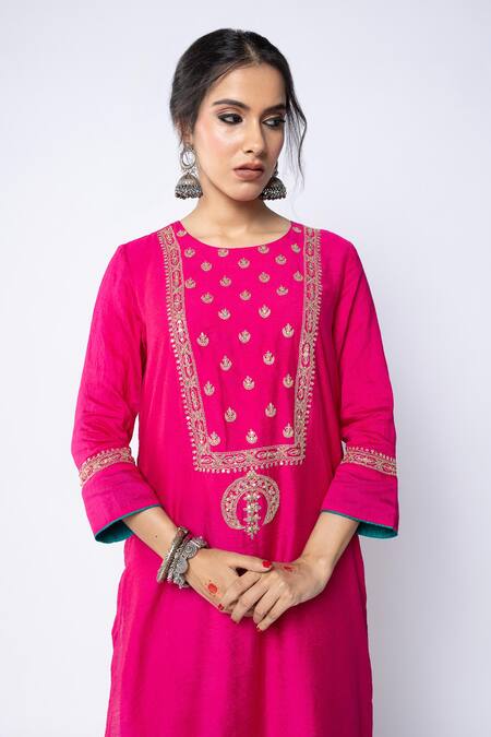 Buy_Pants And Pajamas_Pink Chanderi Sequins, Zari, Embroidery Round Neck Floral Kurta And Pant Set _Online_at_Aza_Fashions