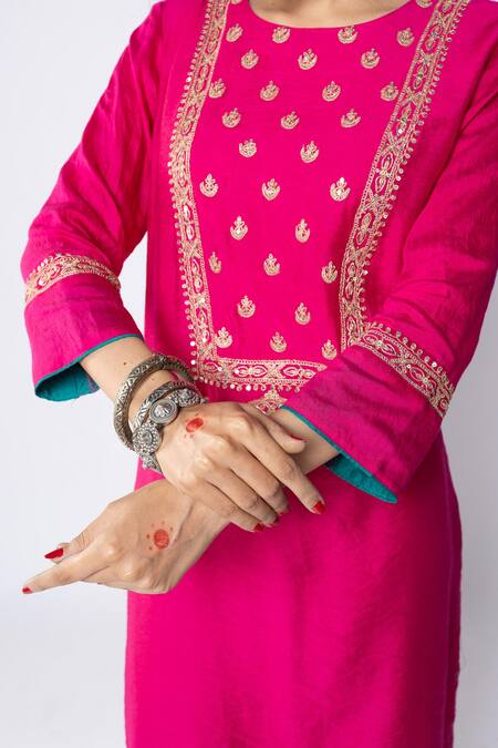 Shop_Pants And Pajamas_Pink Chanderi Sequins, Zari, Embroidery Round Neck Floral Kurta And Pant Set _Online_at_Aza_Fashions