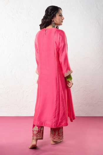 Shop Pants And Pajamas Pink Chanderi Sequins, Zari, Embroidery Round Neck Floral Kurta Set at Aza Fashions Shop_Pants And Pajamas_Pink Chanderi Sequins, Zari, Embroidery Round Neck Floral Kurta Set _at_Aza_Fashions