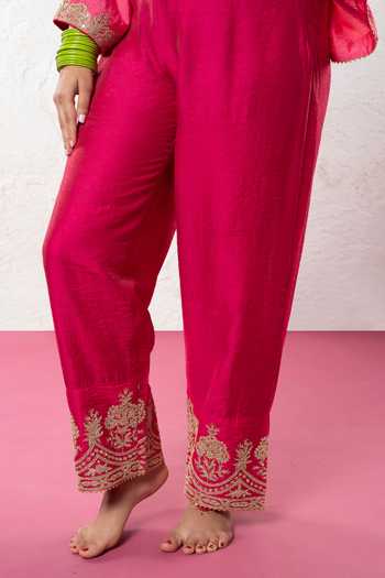 Pants And Pajamas Pink Chanderi Sequins, Zari, Embroidery Round Neck Floral Kurta Set at Aza Fashions Pants And Pajamas_Pink Chanderi Sequins, Zari, Embroidery Round Neck Floral Kurta Set _at_Aza_Fashions