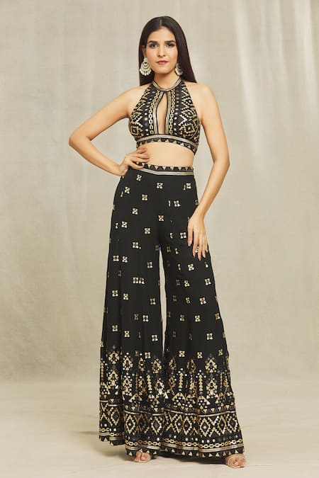 Gopi Vaid Black Georgette Embroidered Resham Halter Ishana Blouse And Sharara Set 