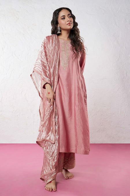 Pants and Pajamas Pink Chanderi Embroidery Zari Thread Round Yoke Kurta Pant Set 