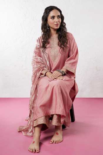 Pants And Pajamas Pink Chanderi Embroidery, Sequins, Zari Round Neck Yoke Kurta Pant Set Online at Aza Fashions Pants And Pajamas_Pink Chanderi Embroidery, Sequins, Zari Round Neck Yoke Kurta Pant Set _Online_at_Aza_Fashions