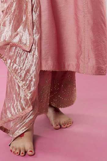 Buy Pants And Pajamas Pink Chanderi Embroidery, Sequins, Zari Round Neck Yoke Kurta Pant Set Online at Aza Fashions Buy_Pants And Pajamas_Pink Chanderi Embroidery, Sequins, Zari Round Neck Yoke Kurta Pant Set _Online_at_Aza_Fashions