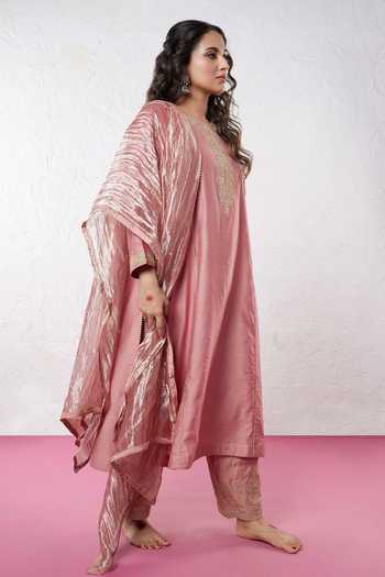 Shop Pants And Pajamas Pink Chanderi Embroidery, Sequins, Zari Round Neck Yoke Kurta Pant Set Online at Aza Fashions Shop_Pants And Pajamas_Pink Chanderi Embroidery, Sequins, Zari Round Neck Yoke Kurta Pant Set _Online_at_Aza_Fashions