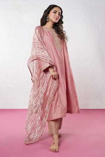 Pants And Pajamas Pink Chanderi Embroidery, Sequins, Zari Round Neck Yoke Kurta Pant Set at Aza Fashions Pants And Pajamas_Pink Chanderi Embroidery, Sequins, Zari Round Neck Yoke Kurta Pant Set _at_Aza_Fashions