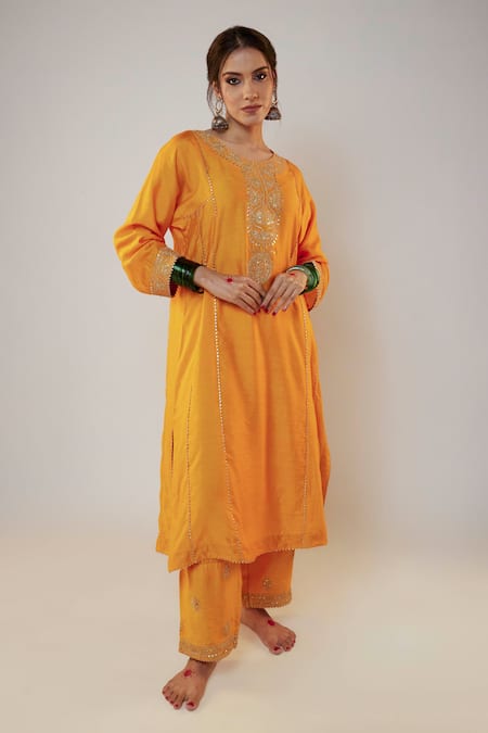 Pants And Pajamas_Yellow Chanderi Sequins, Zari, Embroidery Round Neck Work Kurta Pant Set _Online_at_Aza_Fashions