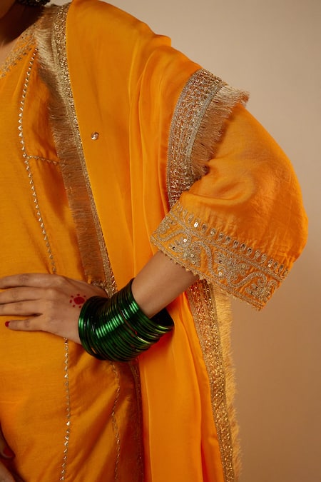 Shop_Pants And Pajamas_Yellow Chanderi Sequins, Zari, Embroidery Round Neck Work Kurta Pant Set _Online_at_Aza_Fashions