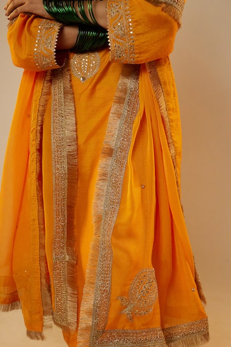 Pants And Pajamas_Yellow Chanderi Sequins, Zari, Embroidery Round Neck Work Kurta Pant Set _at_Aza_Fashions