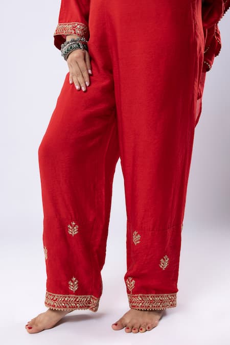Shop_Pants And Pajamas_Red Chanderi Sequins, Zari, Embroidery Round Neck Leaf Kurta Pant Set _Online_at_Aza_Fashions