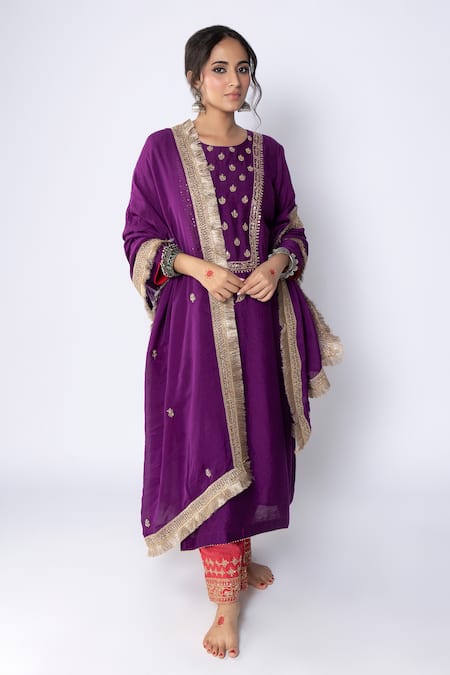 Pants and Pajamas Purple Chanderi Embroidery Zari Thread Round Floral Yoke Kurta Pant Set 