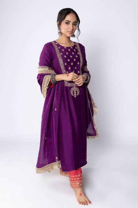 Pants And Pajamas_Purple Chanderi Sequins, Zari, Embroidery Round Neck Floral Yoke Kurta Pant Set _Online_at_Aza_Fashions