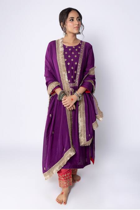 Shop_Pants And Pajamas_Purple Chanderi Sequins, Zari, Embroidery Round Neck Floral Yoke Kurta Pant Set _Online_at_Aza_Fashions