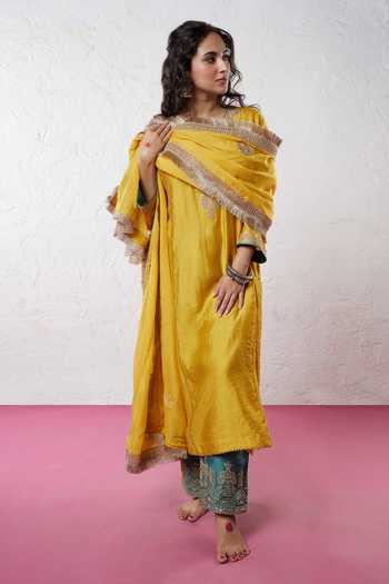 Pants And Pajamas Yellow Chanderi Sequins, Zari Round Neck And Embroidered Kurta 1