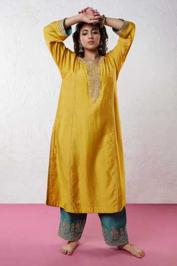 Pants And Pajamas Yellow Chanderi Sequins, Zari Round Neck And Embroidered Kurta 5